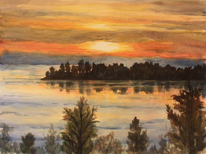 Morgensol over Bjerkøya -2017, akv., 46x60 cm